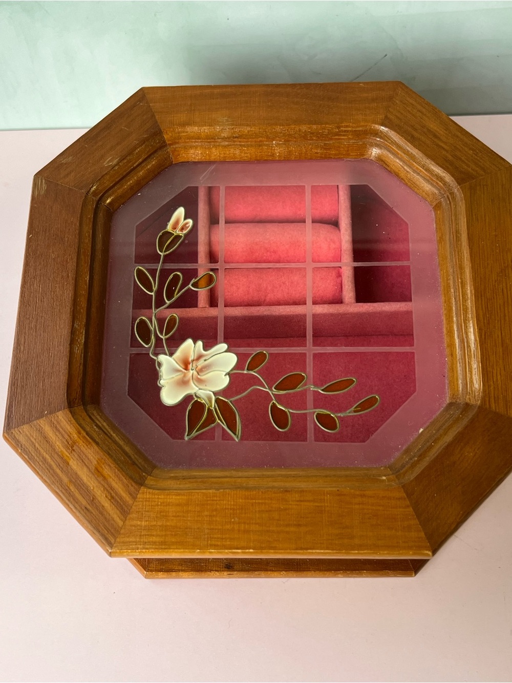 Vintage Mele Octagonal Wooden Jewelry Box Stained Glass Floral Top 1980s - Picture 3 of 10